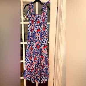 Crown and Ivy Petite Small smocked tiered maxi dress Blue Ikat. EUC.